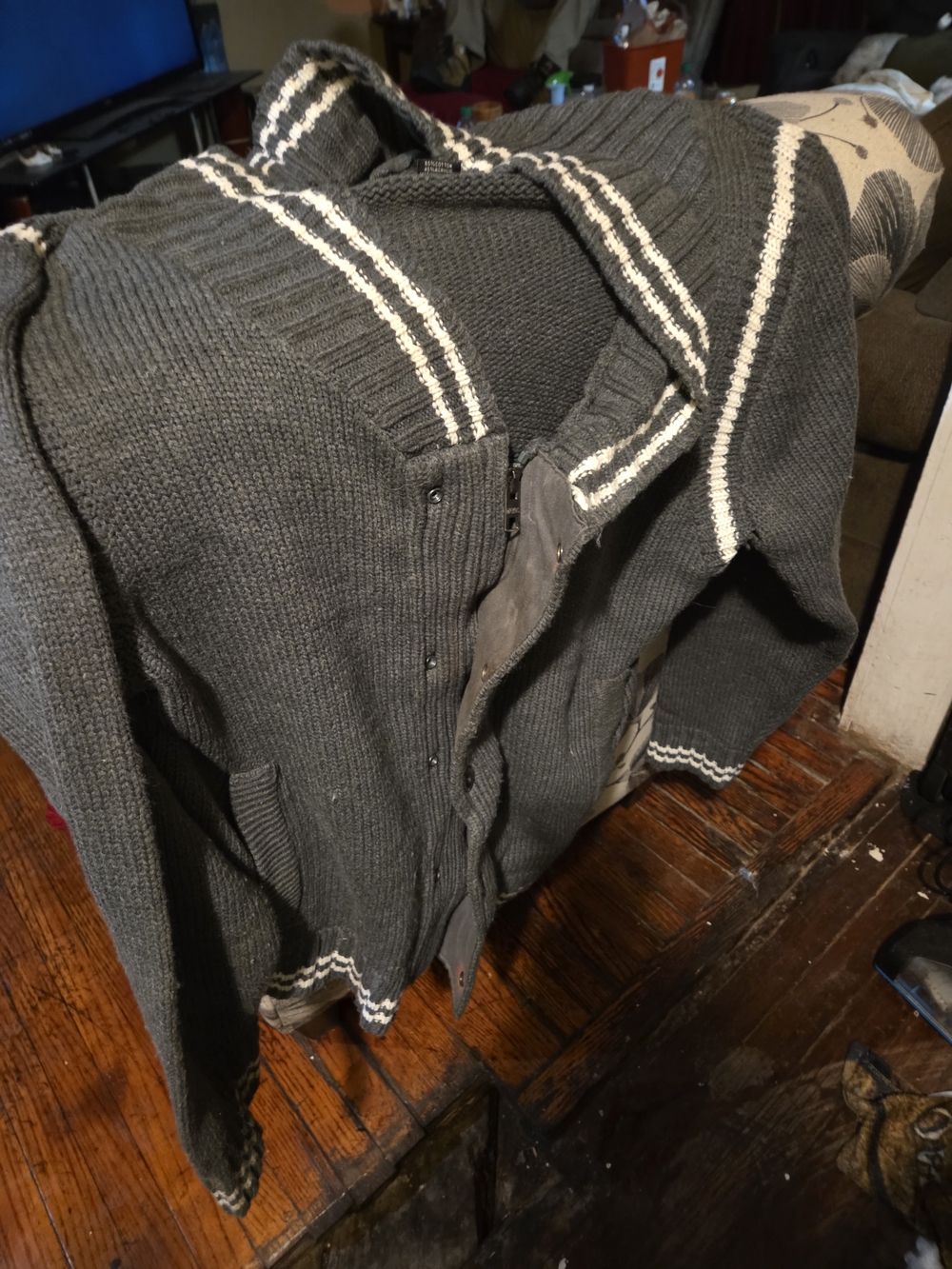 Men's Charcoal Knit Zip Cardigan with Cream Stripe Trim